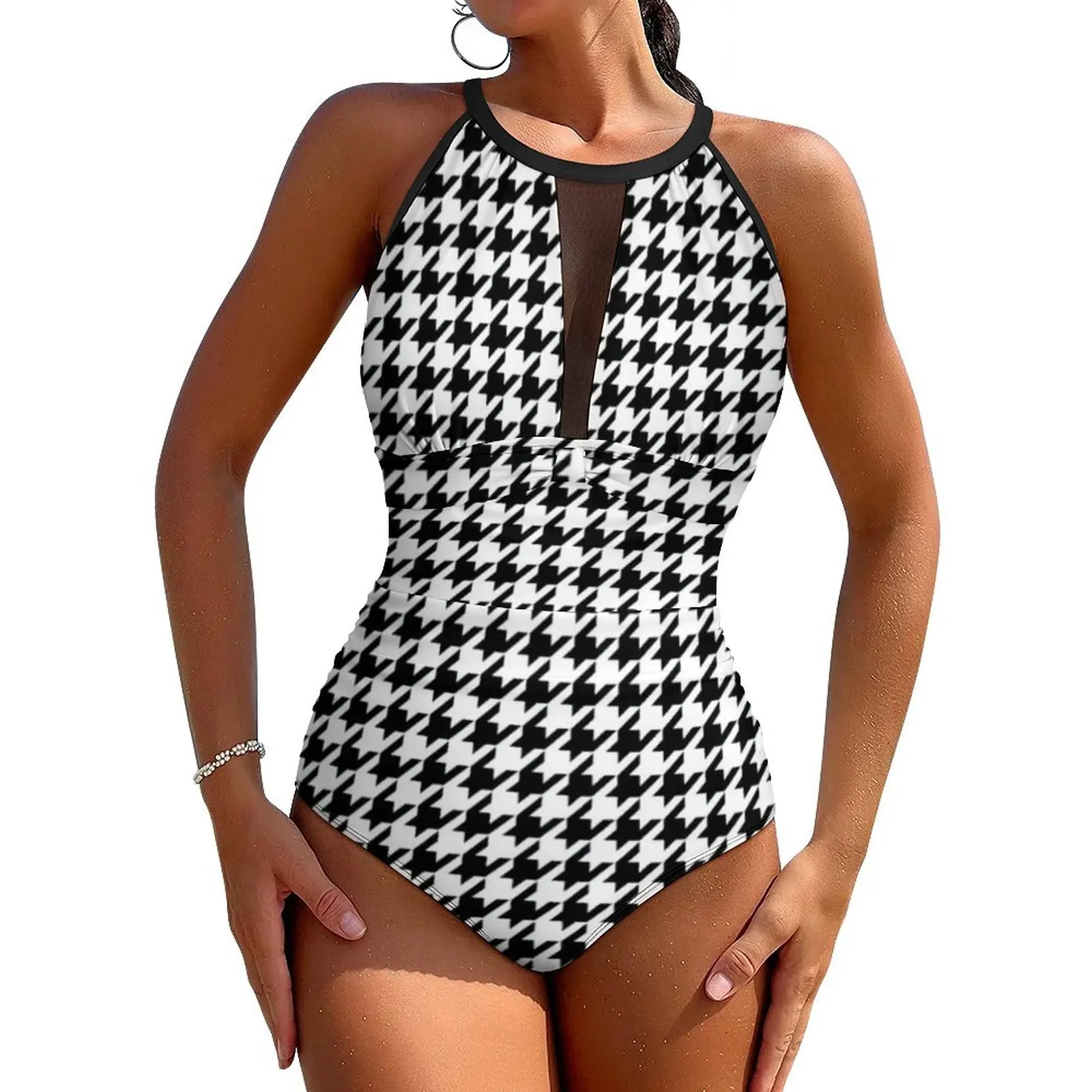 Retro Houndstooth Swimsuit Abstract Checkered One Piece Swimwear Push Up Vintage Bathing Suits Sexy Surfing Graphic Beachwear