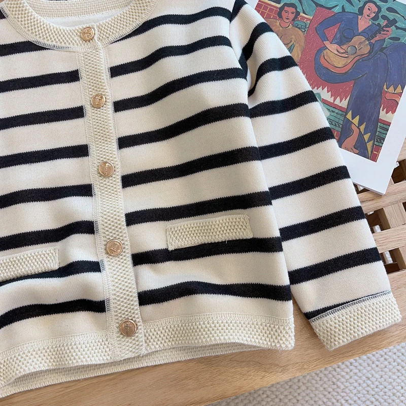 Kids Girls Simple Striped Sweaters Contrast Color O-Neck Long Sleeve One Breasted Soft Knitting Cardigan 2-10Y Children Clothing