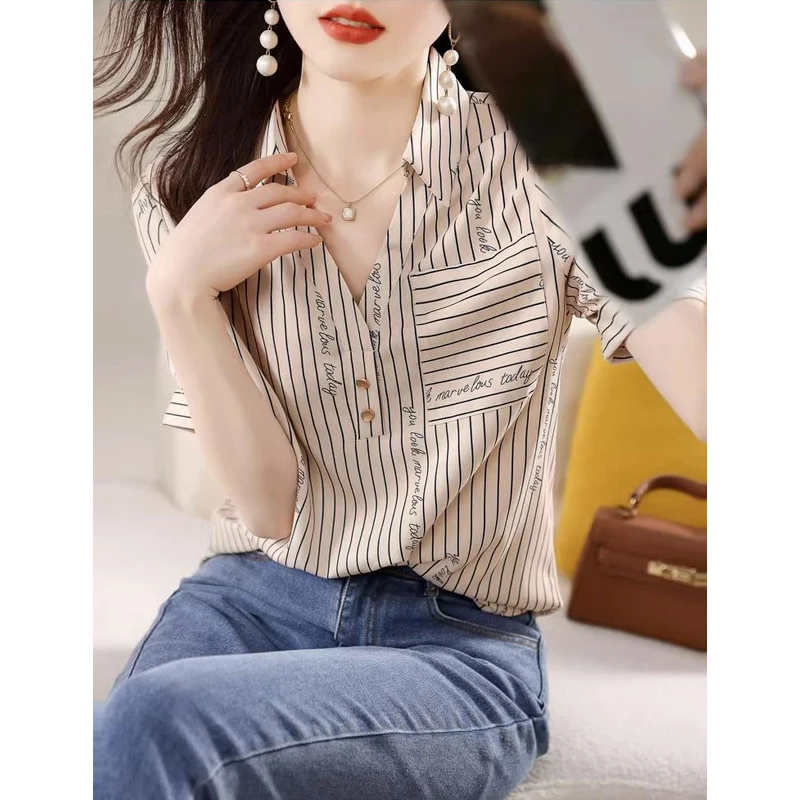 Women Clothes Summer Trendy Striped Print Pocket Elegant Blouses High Quality V Neck Short Sleeve Shirts Blusa Mujer Moda 2023