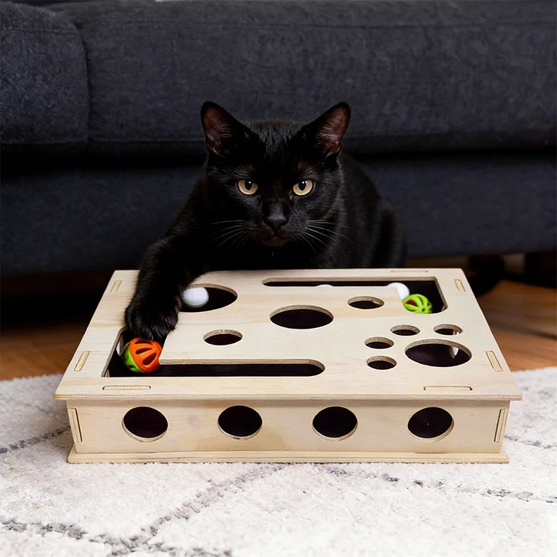 New Solid Wood Cat Box, Pet Toy Fun Maze, Self-Entertainment & Relaxation Game, Wooden Square Cat Activity Box