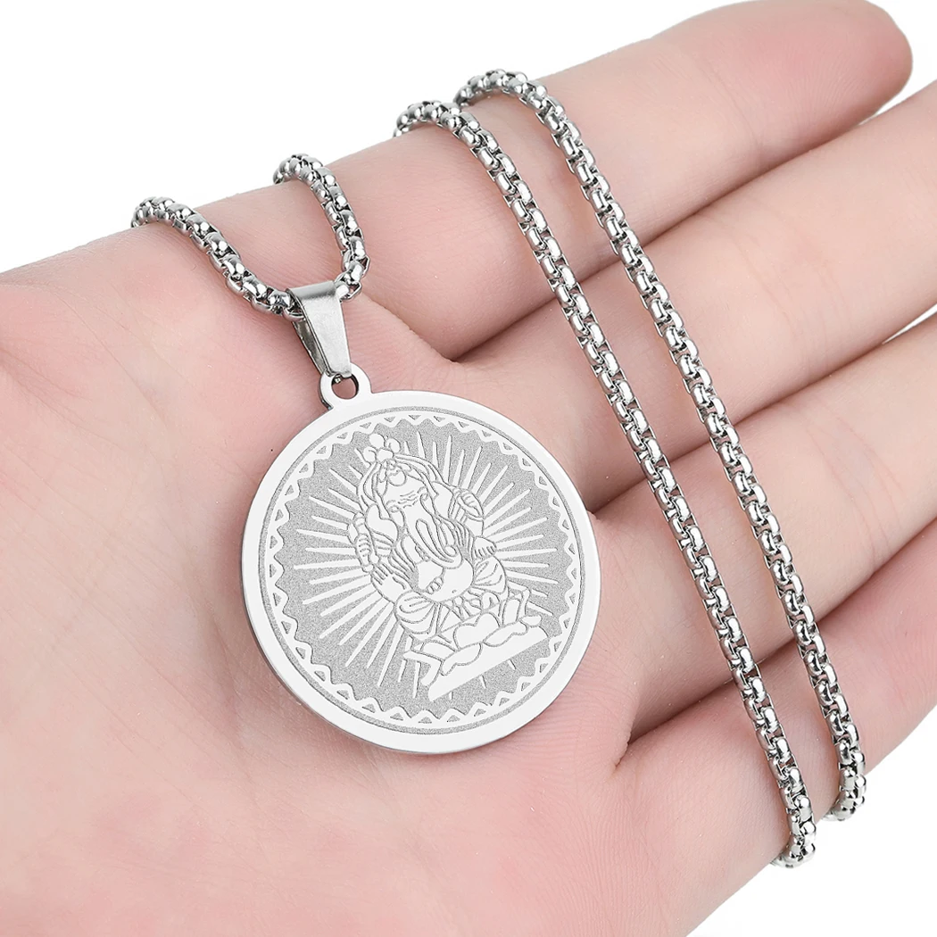 CHENGXUN Hindu Ganesha Coin Pendant Necklace for Men Womens Lord Ganesha Medallion Charm Neck Chain Spirit Totem Jewelry