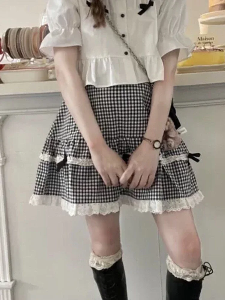 

Винтажные японские клетчатые юбки, женские кружевные лоскутные юбки с милым бантом и тортом, свободная юбка с высокой талией в консервативном стиле, женская сексуальная мини-юбка