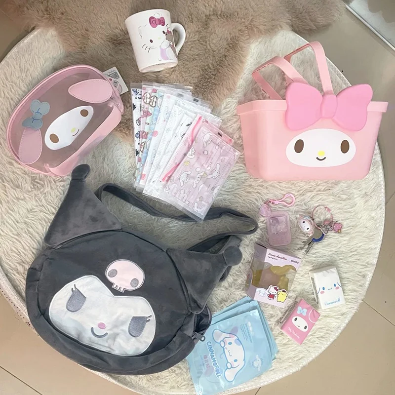 Sanrio Kawaii My Melody Pencil Case Cinnamoroll Student Mesh Zipper Storage Bag Cartoon Transparent Shell Cosmetic Storage Bag