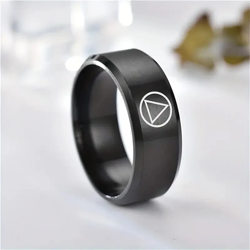 Triangle Circle Alcoholics Anonymous Logo Ring For Men Black Stainless Steel Rings Jewelry