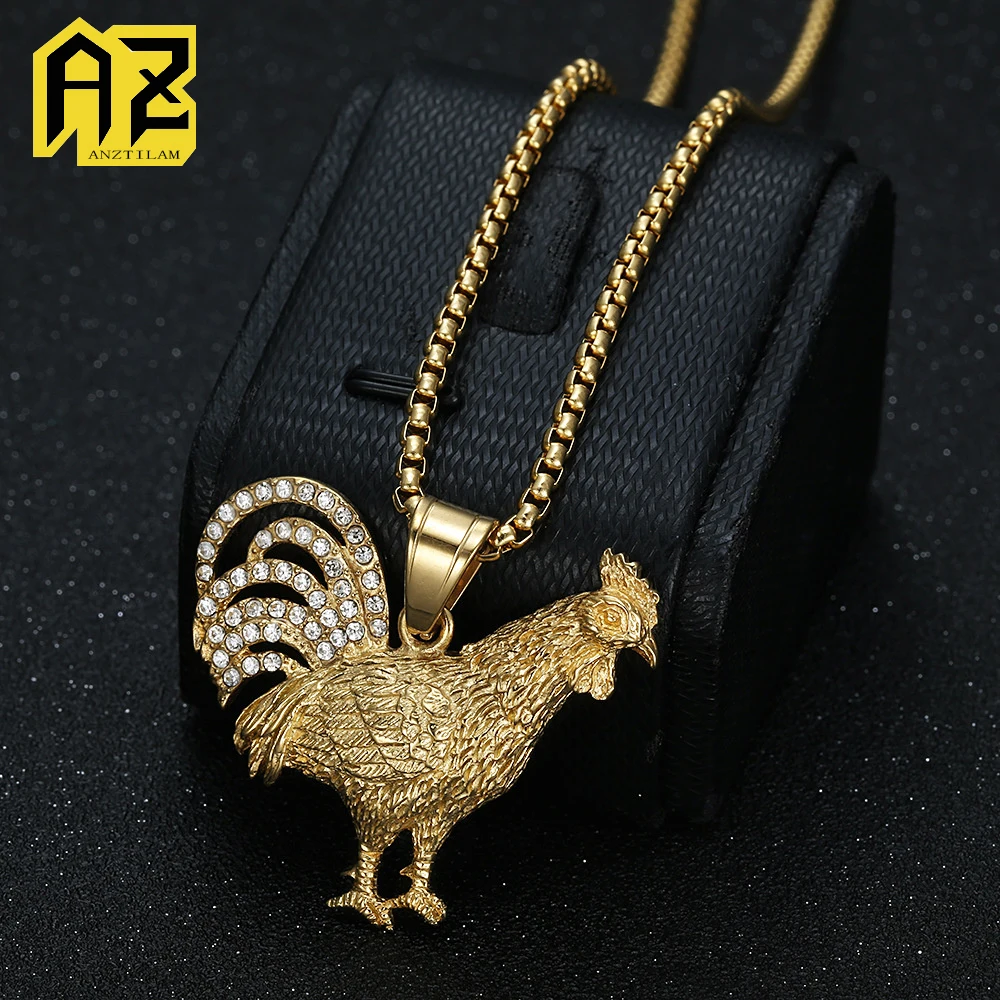 

Anztilam Cock No Fade 316L Stainless Steel Iced Out Pendant with Long Link NK Chain Necklaces for Women Men Hip Hop Jewelry