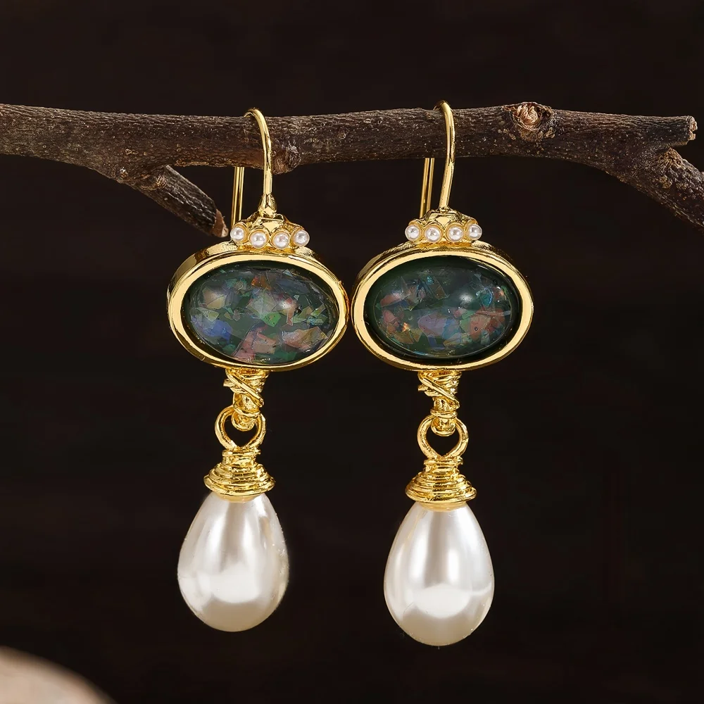 Gorgeous Round Geometry Black Stone Earrings for Women Gold Color Imitation Pearl Party Dangle Earrings Jewelry