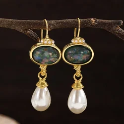 Gorgeous Round Geometry Black Stone Earrings for Women Gold Color Imitation Pearl Party Dangle Earrings Jewelry