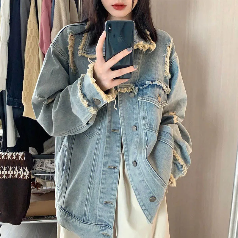 

Retro Fringed Denim Jacket Women's Autumn Winter plus Size Loose Fit Top Versatile Oversized Coat for plus Size MM