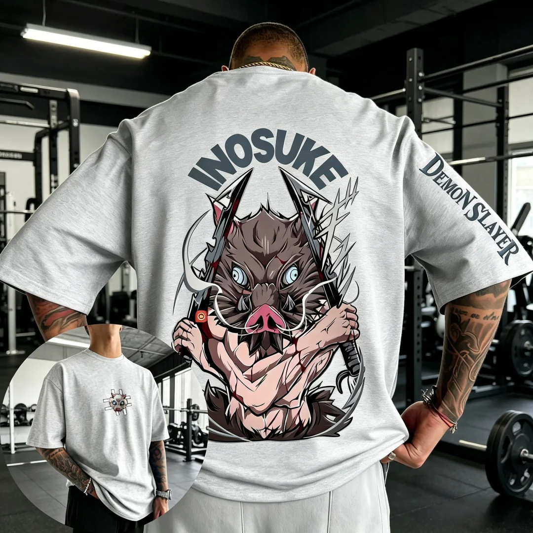 

2026 Fashion Demon Slayer Boar Head Inosuke Gym Workout T-Shirt Men Loose Oversized Streetwear Fitness Training Anime Fans Tee