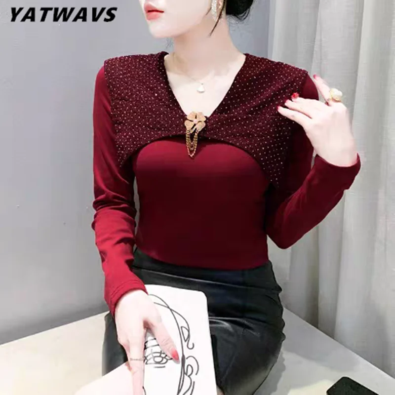 

Runway Autumn European Women Cotton T-Shirt Clothes Chic Sexy V-Neck Shiny Hot Diamonds Tees Fashion Long Sleeve Elastic Tops