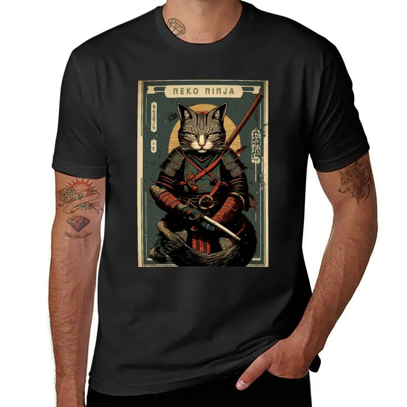 Camiseta de gato samurái que sostiene una katana, póster vintage, neko ninja, tops de gran tamaño, camisetas informales con estilo para hombre