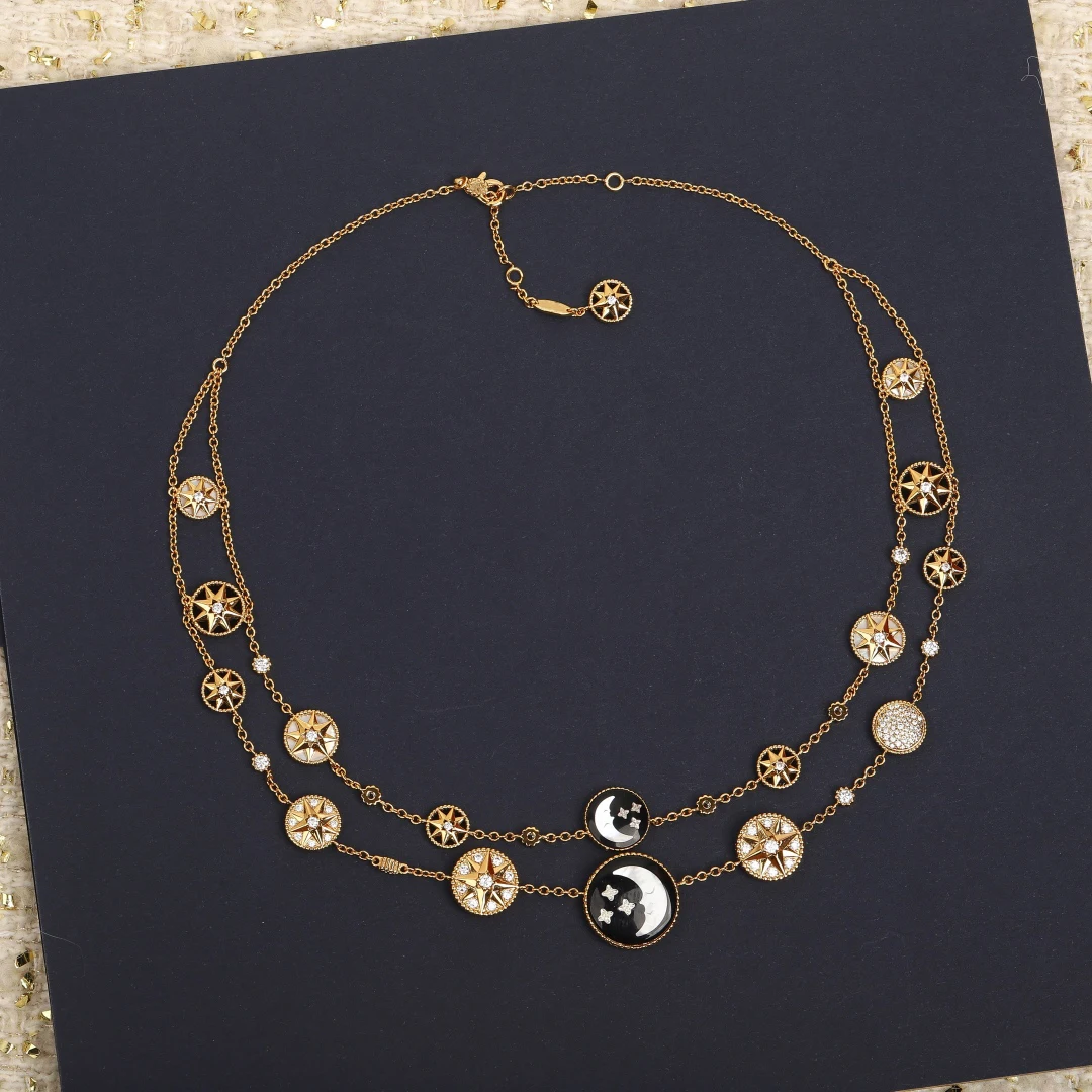 

Top Quality 925 Silver Rose Gold Star Moon Diamond Crystal Gemstone Luxury Double Layer Necklace Women Exquisite Charm Jewelry