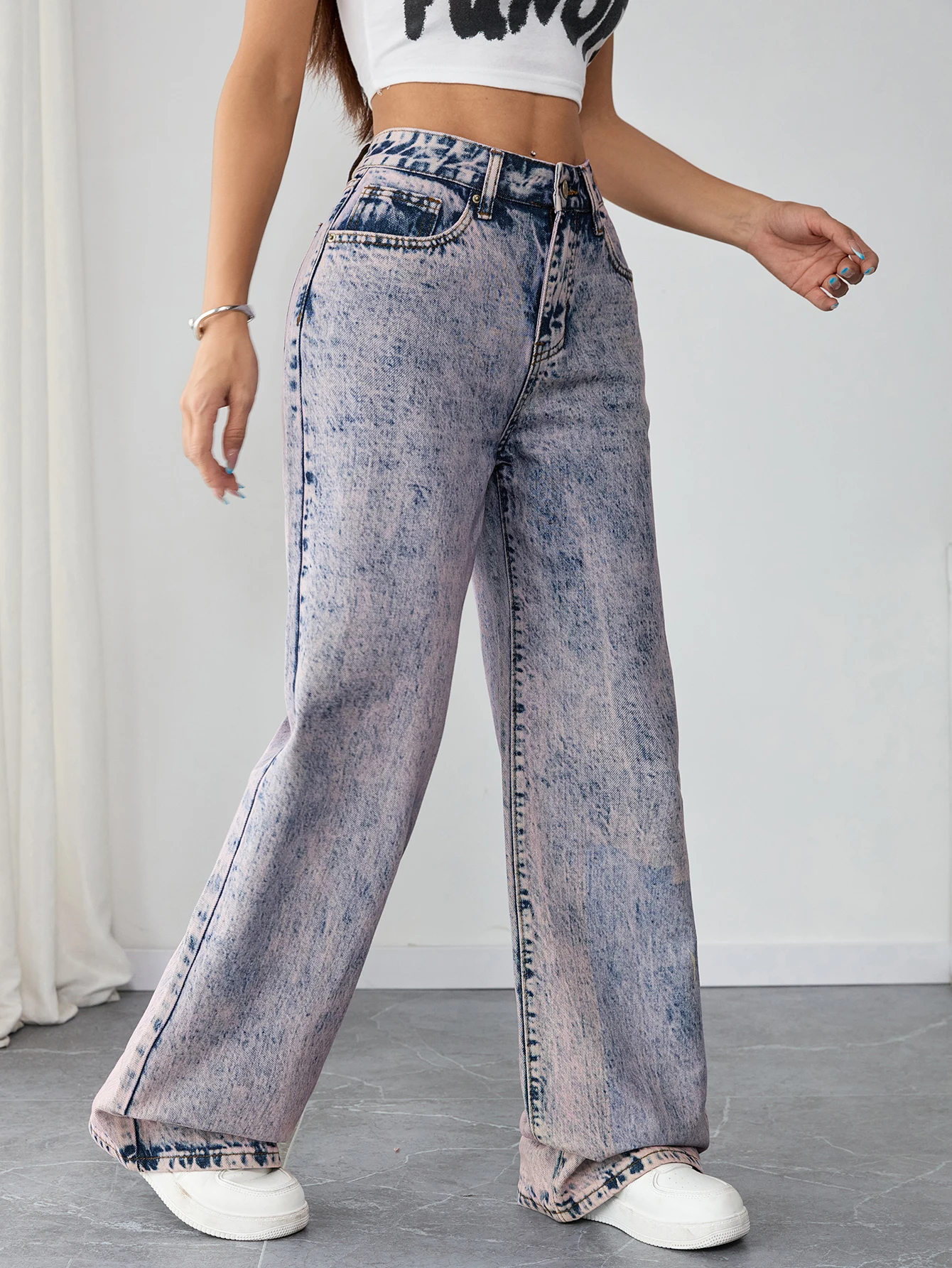 Vaqueros sueltos de calle a la moda para mujeres pequeñas, pantalones vaqueros lavados de tiro alto, ropa de pierna ancha inspirada en los años 90