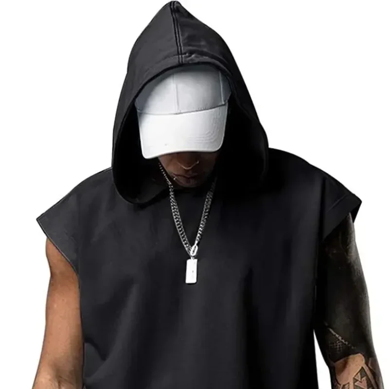 Anime Print Men\'s Sleeveless Hooded Vest Summer Fashion Trend Casual Solid Color Vest Simple Handsome Sports Fitness Top