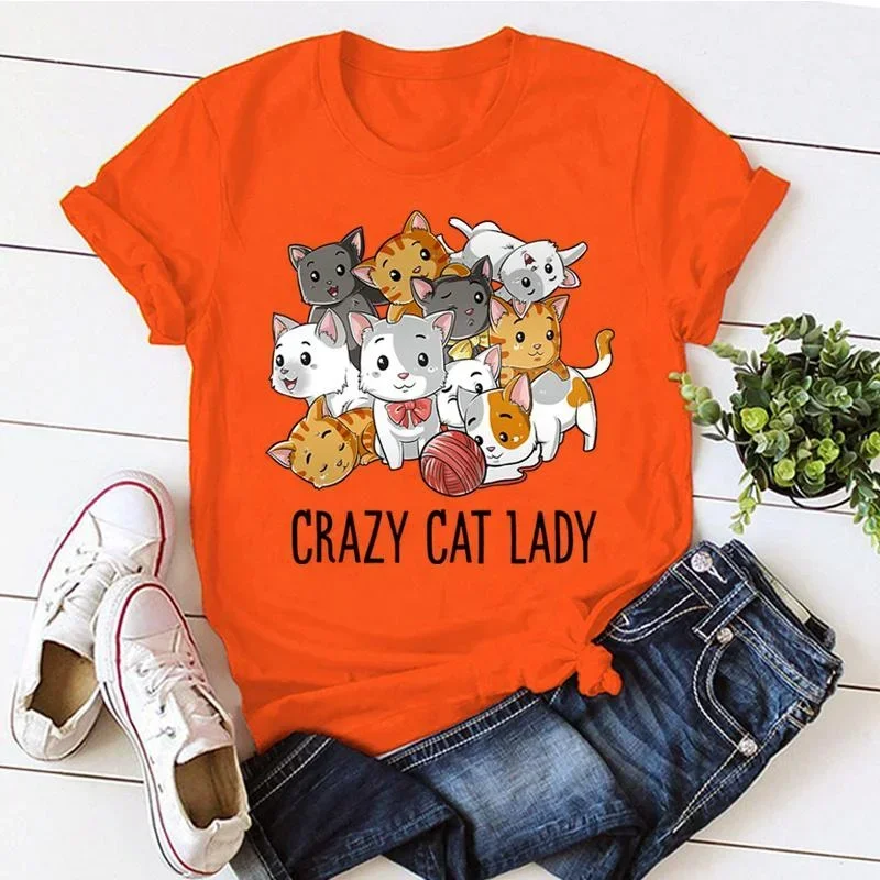 Cute Crazy Cat Lady Print T-shirts For Women Summer Lovely Short Sleeve Casual Round Neck T-shirts Ladies Creative tops