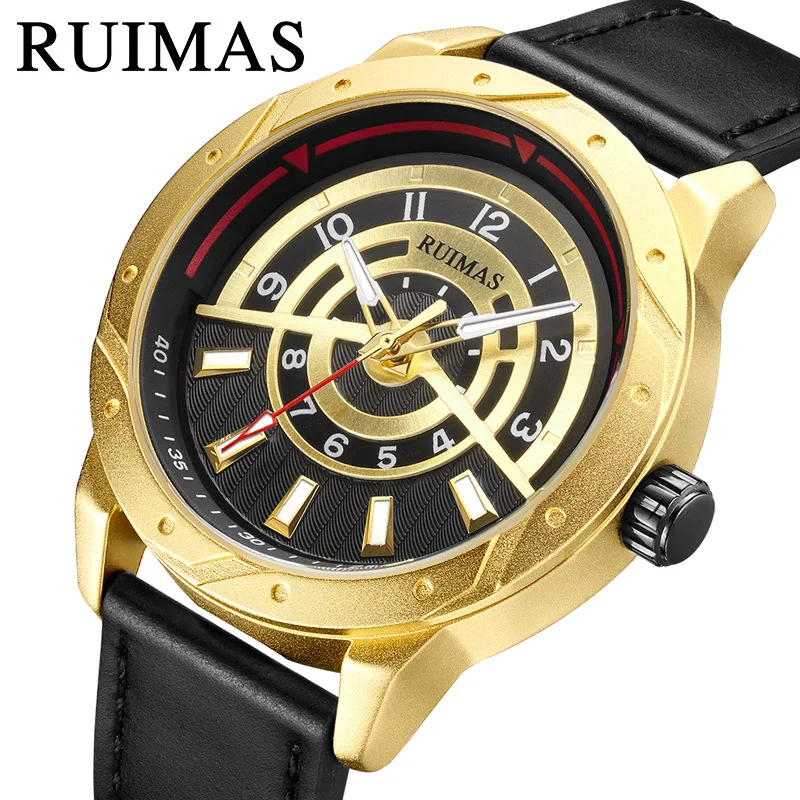 

RUIMAS 594 Men's Quartz Watch Luxury Creative Gold Black Leather Strap Clock Analog Display Wristwatch for Male Reloj Hombre