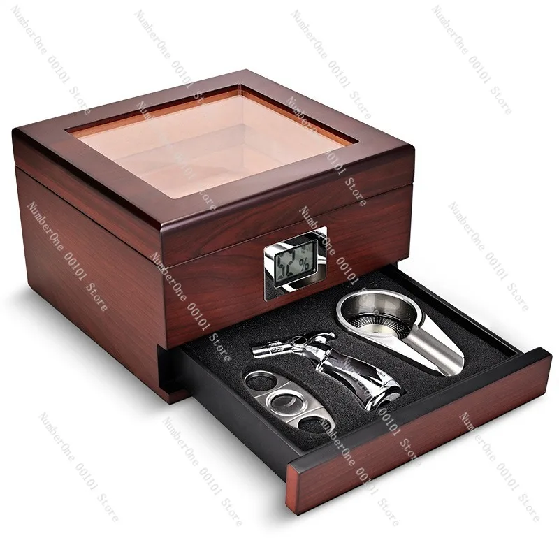 Portable Cigar Box Tool Set with Cedar Wood Lining, Sealed Humidor Storage Case for Travel and Daily Cigar Protection