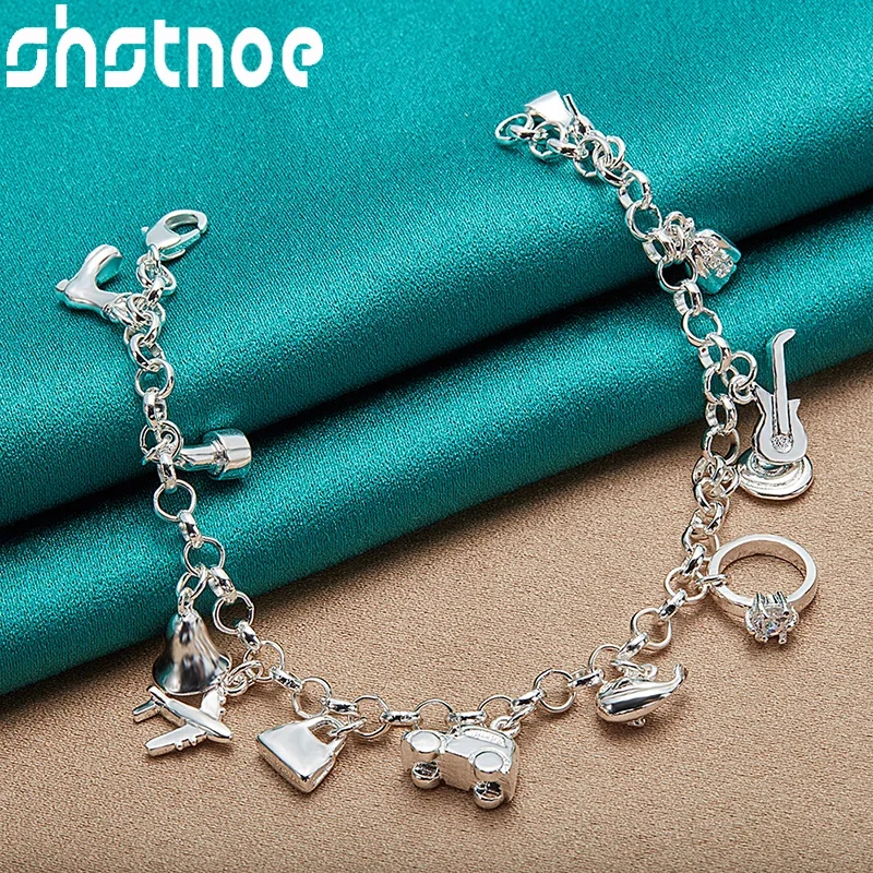 

SHSTONE 925 Sterling Silver Shoe Airplane Lock Car Ring Guitar Chain Bracelets For Women Wedding Party Charm Jewelry Gifts