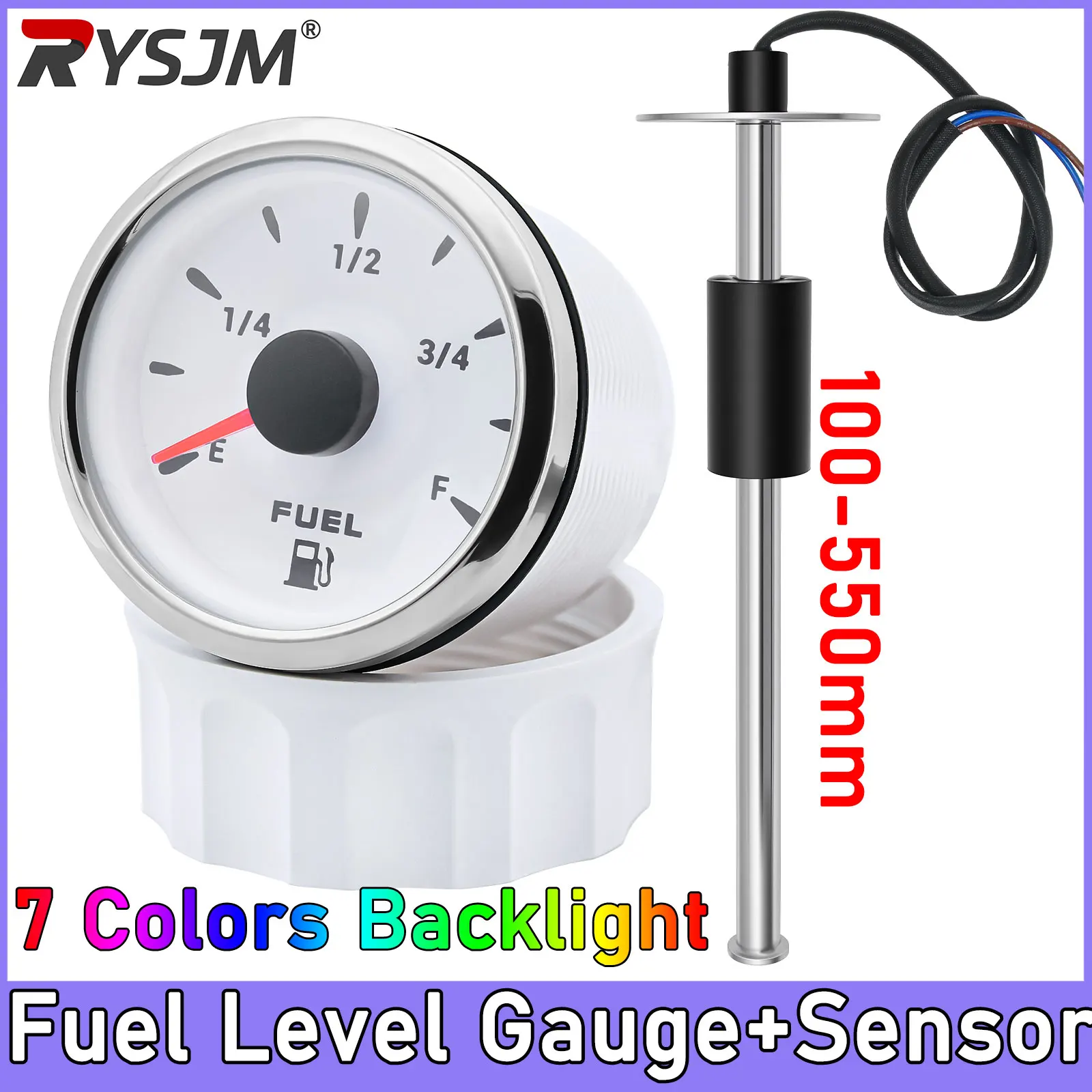 Stainless Steel Sensor 100-550mm + White 52MM Fuel Level Gauge for Boat Car 12V 0-190 ohm Oil Liquid Tank Fuel Level Indicator