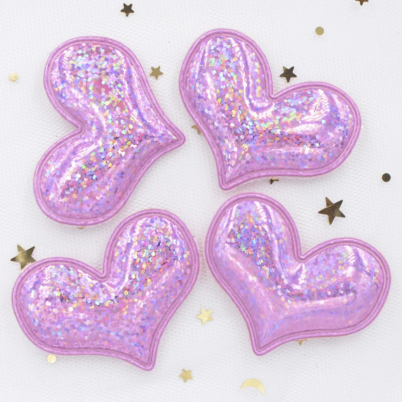 12Pcs Glitter Heart Padded Patches Laser PU Fabric Applique for DIY Hair Clasp Girl Hair Band Headbands Ornaments Accessoies