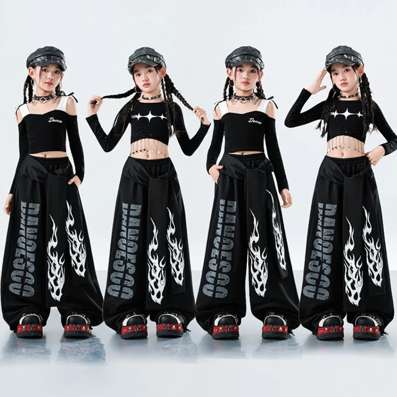 

Kid Kpop Hip Hop Clothing Black Off Shoulder Crop T Shirt Top Flame Strap Street Wide Sweat Pants for Girl Dance Costume Clothes