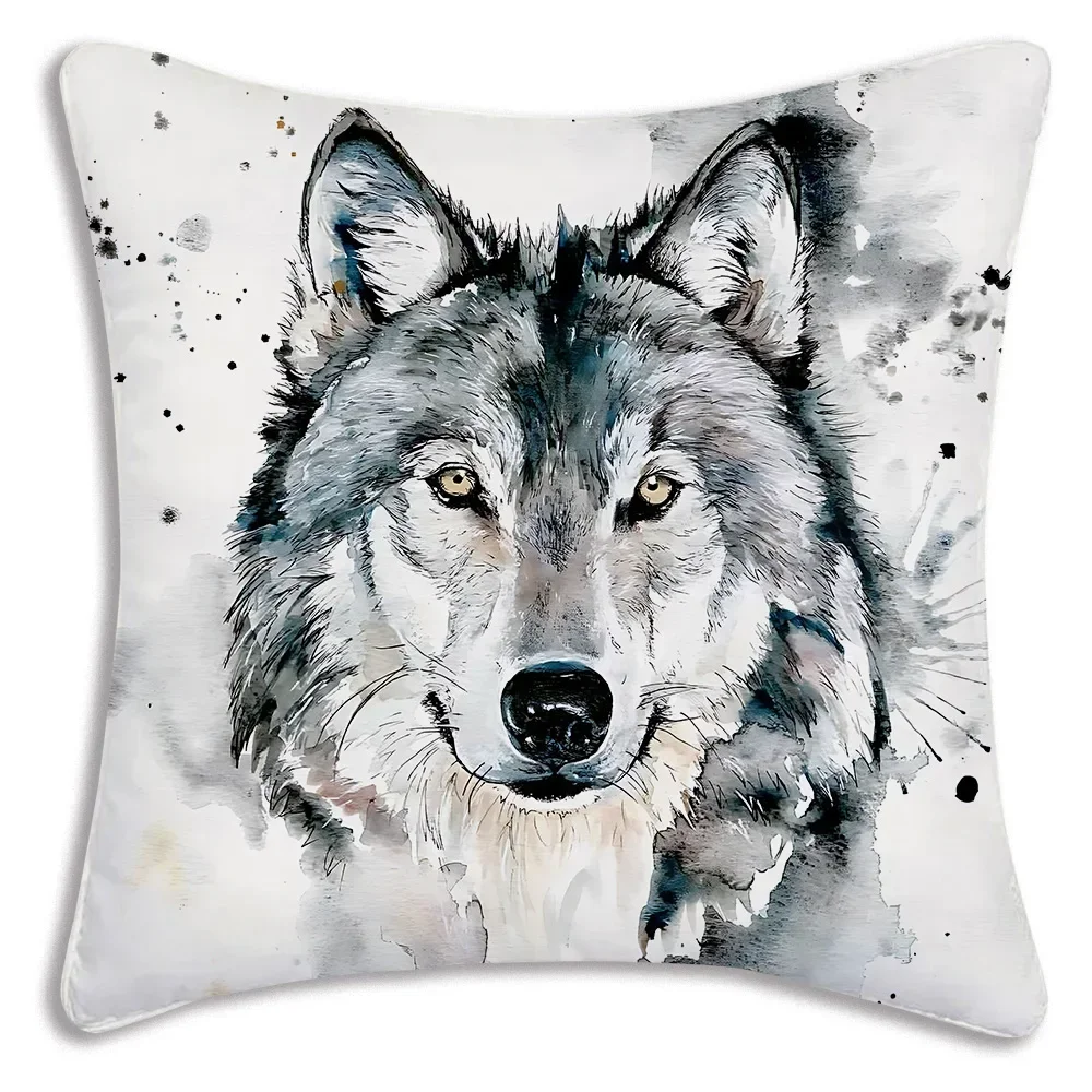 

Wolf Painting Pillow Covers Cartoon Sofa Decorative Home Double-sided Printing Short Plush Cute Cushion Cover