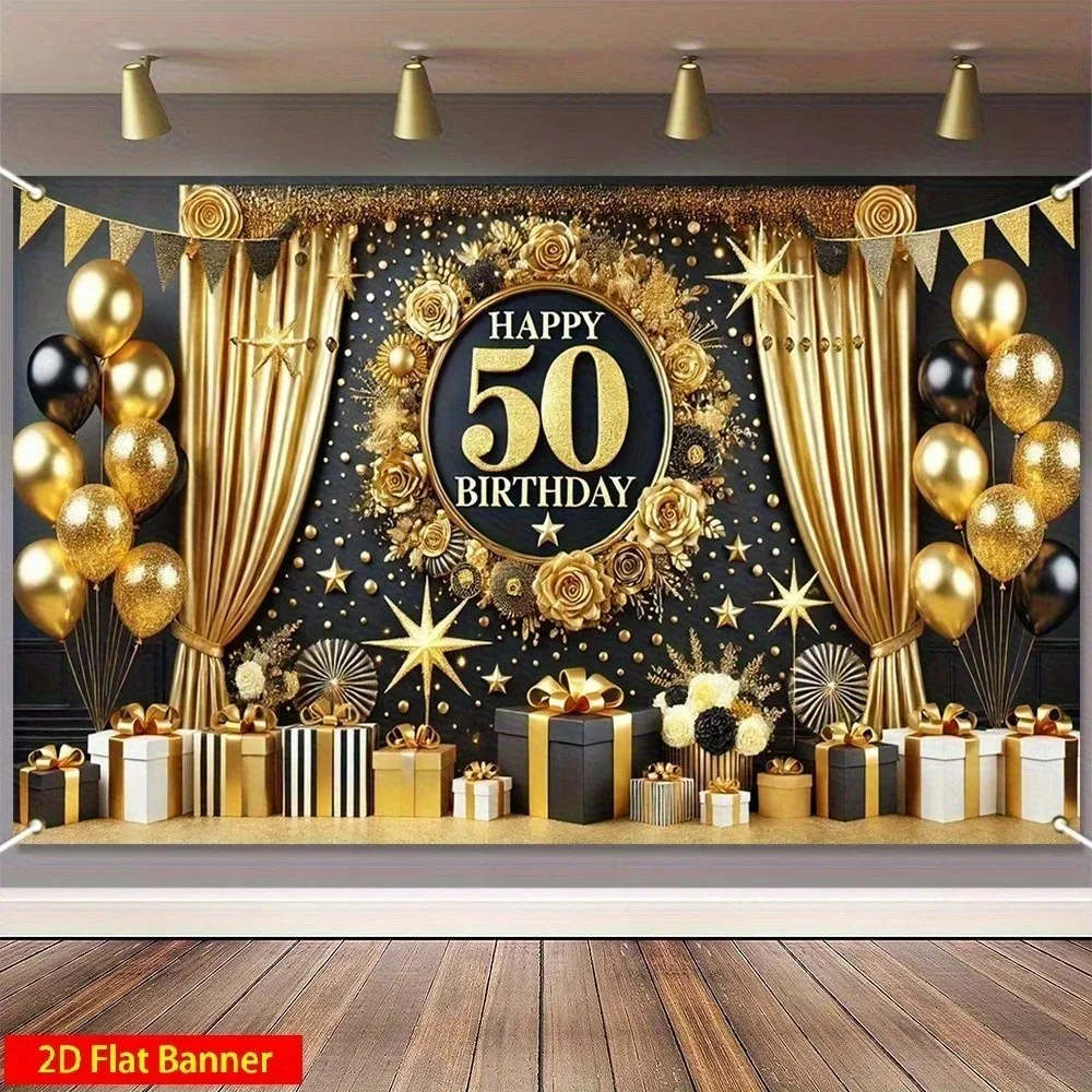 Schwarz-goldener Ballon-Geschenk-Themenbanner-Fotografie-Hintergrund, 50. Geburtstagsfeier für Erwachsene, Heimdekoration-Fotografie-Hintergrund