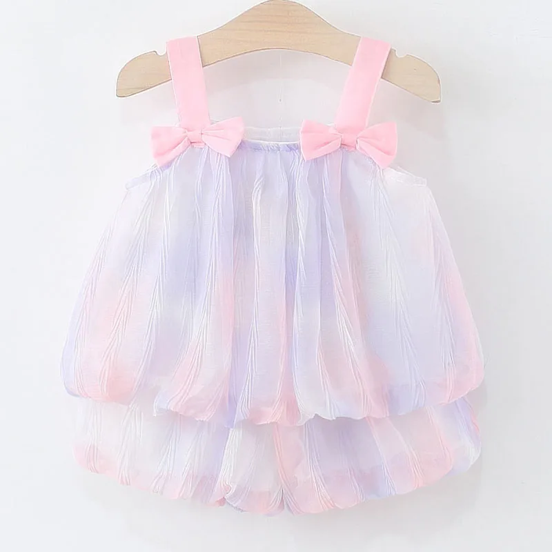 

2Piece 2025 Summer Girls Clothing Sets Korean Fashion Cute Pink Bow Sleeveless Mesh Baby Tops+Shorts Boutique Kids Clothing B195