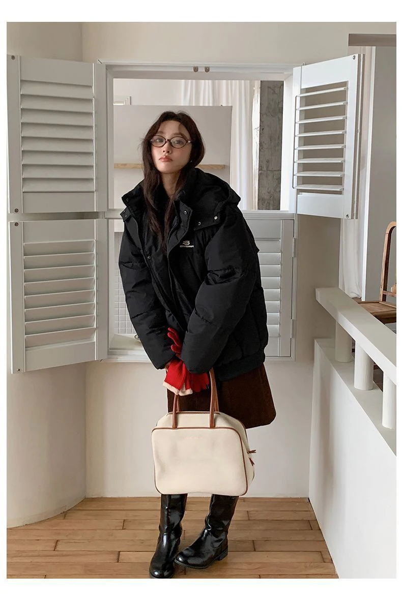 Korean Style Thickened Puffer Jacket for Women Loose Fit Warm Padded Coat Students Winter Solid Color All Match Hooded Parkas