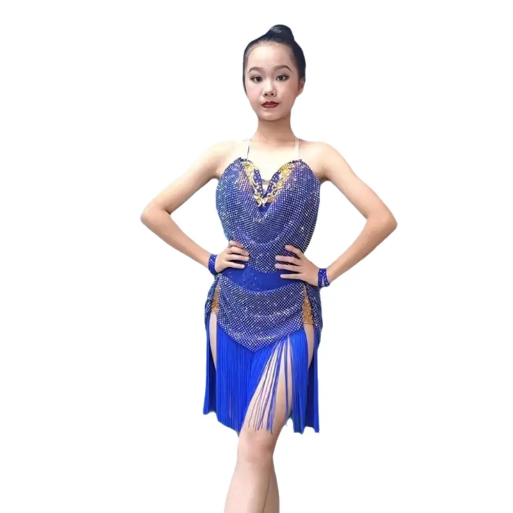 ラテンダンスダイヤモンド女性のプロフェッショナルフラワードレスブルーダイヤモンドネットタッセルサンバ子供女の子パフォーマンスドレス