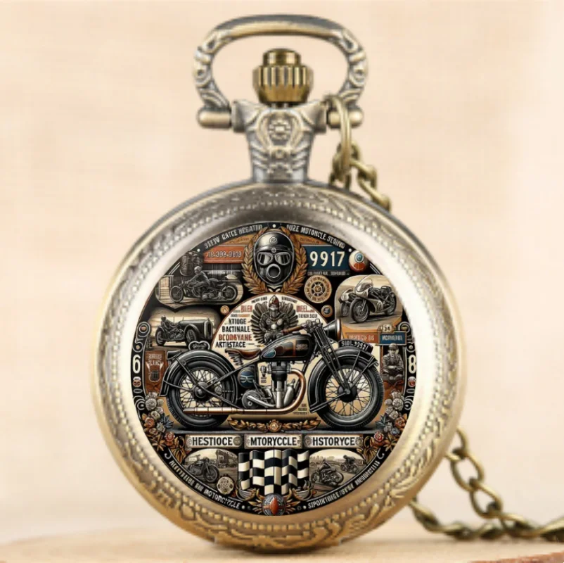 Vintage Motorcycle Pattern Design Quartz Pocket Watch - Men Male Kids Fashion Accessory, Non-Waterproof with World Time Feature