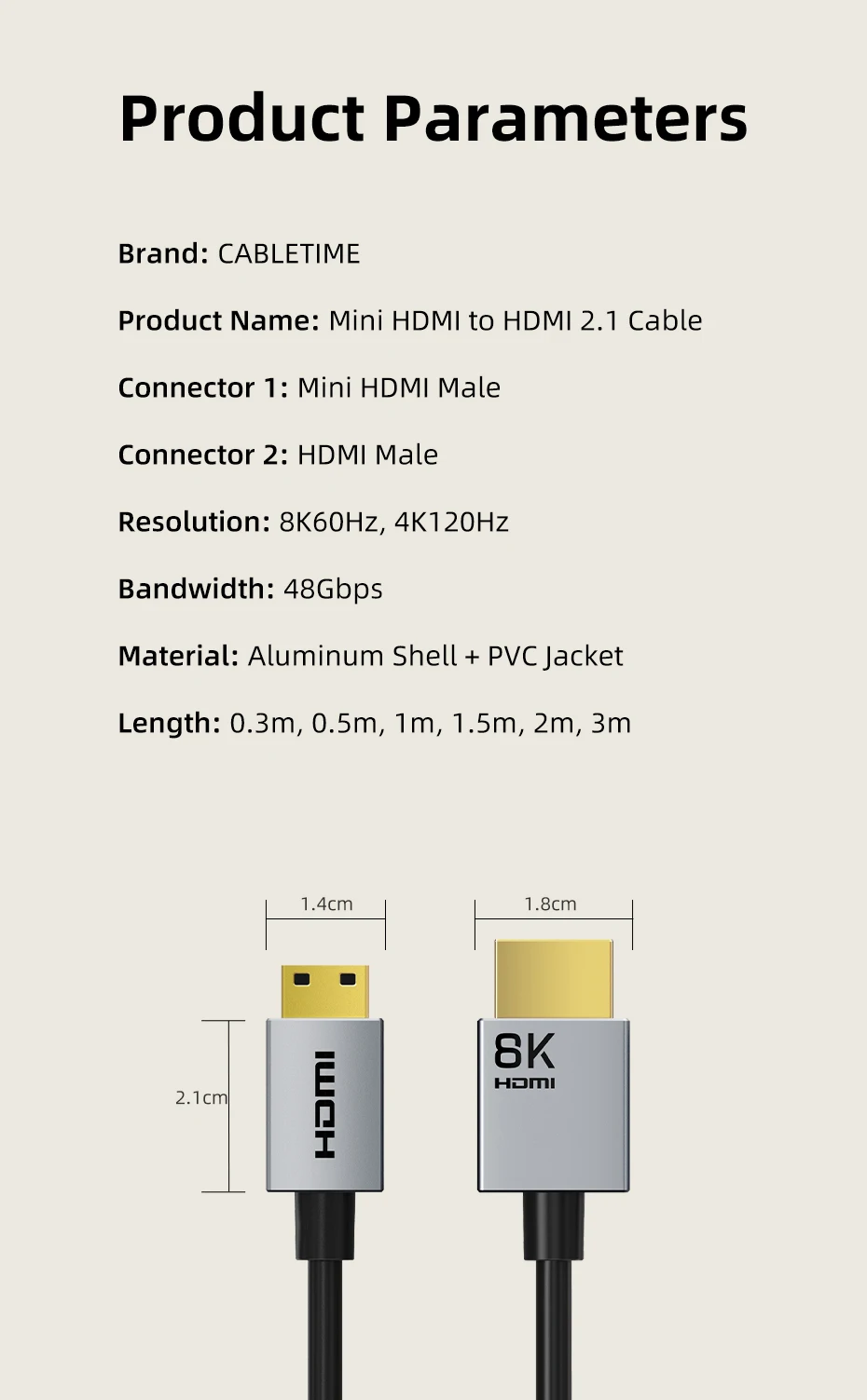 CABLETIME Mini HDMI zu HDMI Kabel HD 8K 60Hz High-Speed Mini HD 2.1 Kabel 48Gbps HDMI 2.1 Kabel für HDTV Tablet Kamera – Detail 10