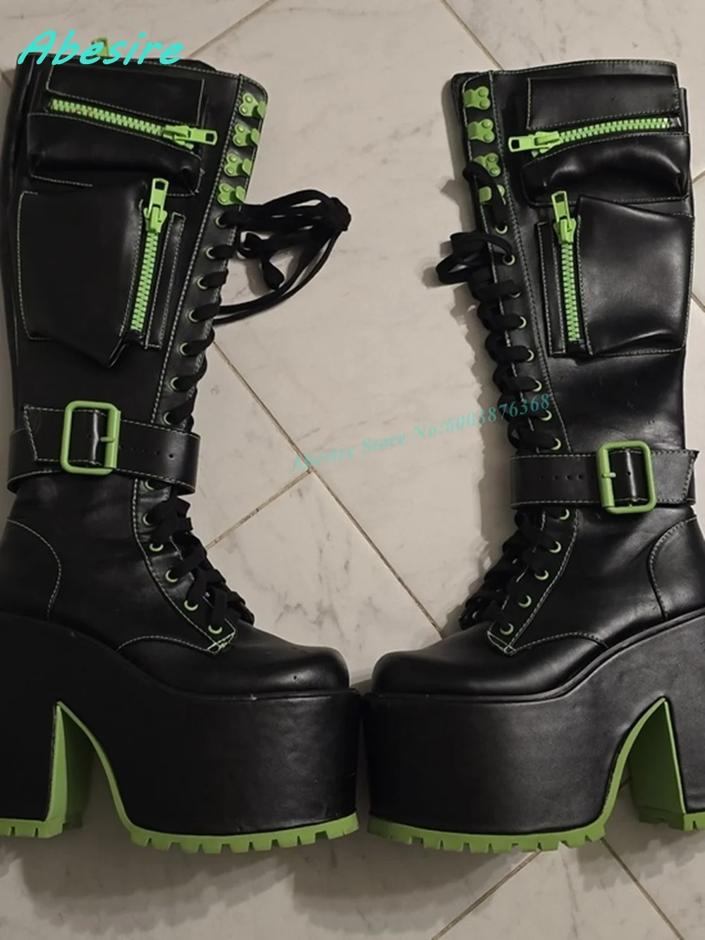 Green Lace Up Zipper Pocket Decoration Knee High Boots Platform Chunky Heels Women's Boots Punk Gothic Cosplay Party Shoes