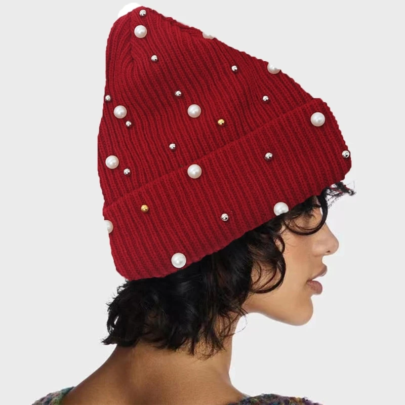 Warm Unisex Knitted Hat Travel Friendly Comfort Hat Elegant Pearls Studded Hat Drop Shipping