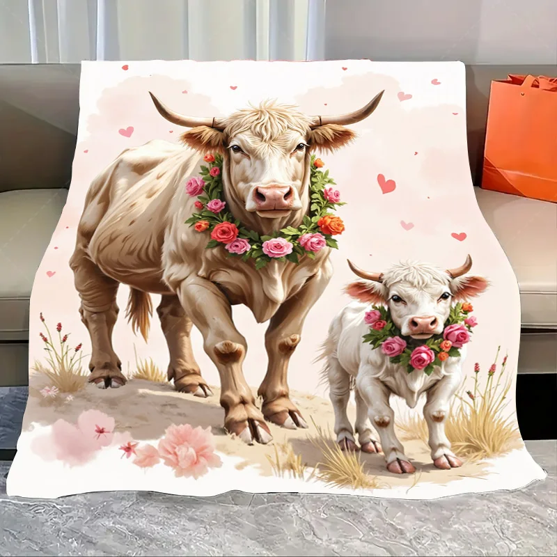 

1pc Flannel Blanket Charming Cow & Calf with Floral Wreath Blanket - Cozy Farmhouse Style Decor