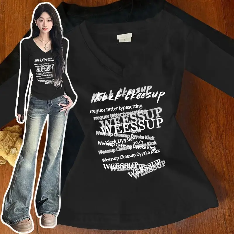 

Women's Clothing Waist Cinched V-neck Popular Long-sleeved T-shirt for Women Spring Autumn Casual Fashion Slim Fit Sexy Top