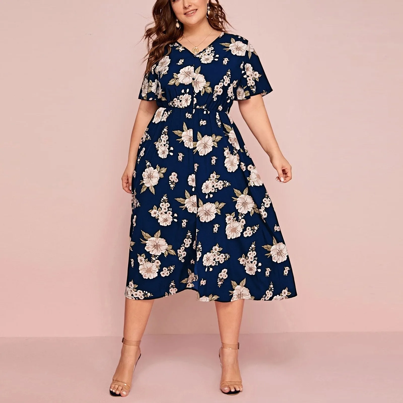 

Women Dress Short Sleeve High Waist Plus Size Dress Casual Fashion Floral Pleated A Line Large Size Long Dress