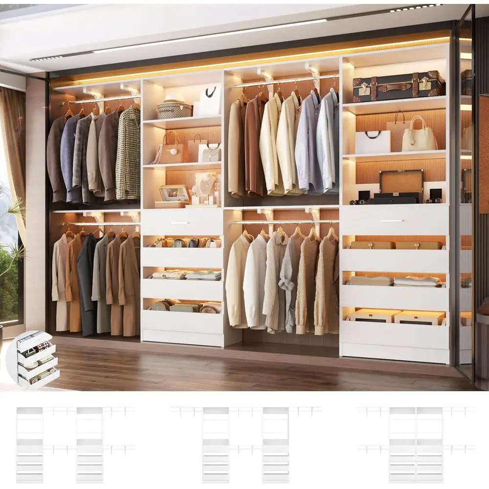

8-Tier Wooden Closet Organizer with Tower and 4 Hanging Rods, White