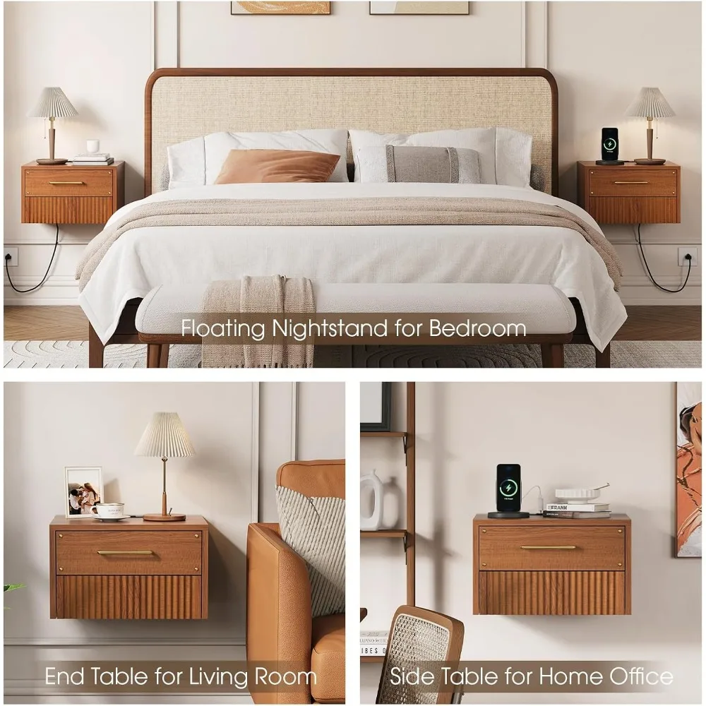 Mid Century Modern Floating Nightstand Set of 2, Wood Wall Mounted Bedside Table with 2 Storage Drawers & Fluted Decor