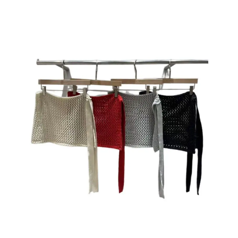 Polyester Hollow Knitted Skirt Y2K Streetwear See Through Butt Curtain High Waist Harajuku Waist Scarf Dance Accessories