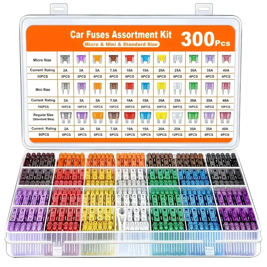 

300pcs Automotive Fuse Set, Including 160 Mini Fuses, 90 Standard Fuses, 50 Micro Fuses, 1 Extraction Tool - Aluminum Alloy