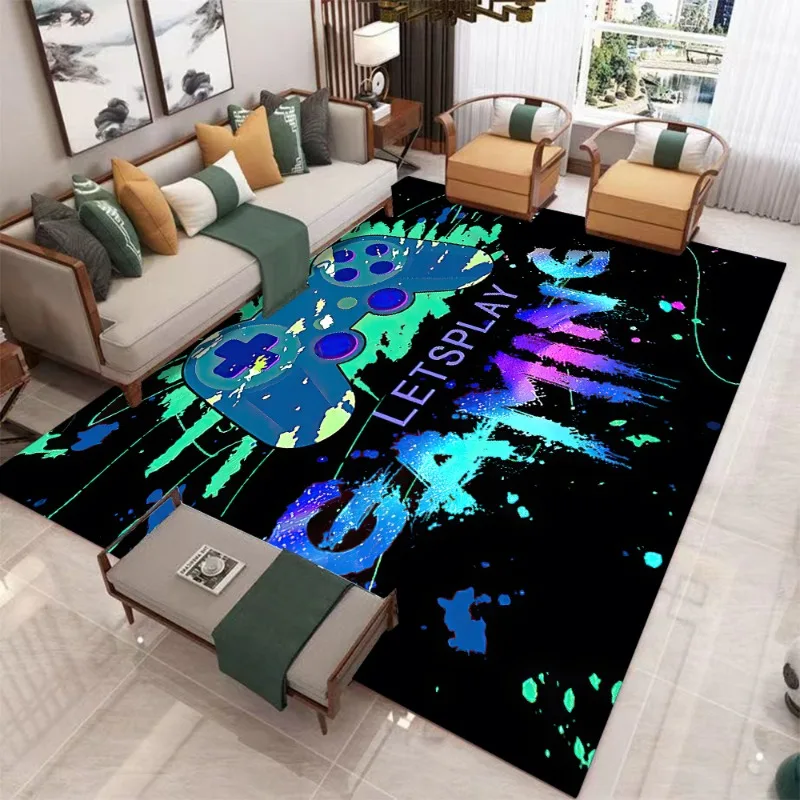 Carpet Game Controller Graffiti Mat Let's Play Text Rug Neon Spray Living Room Floor Mat Home Decoration Indoor Use Fashionable
