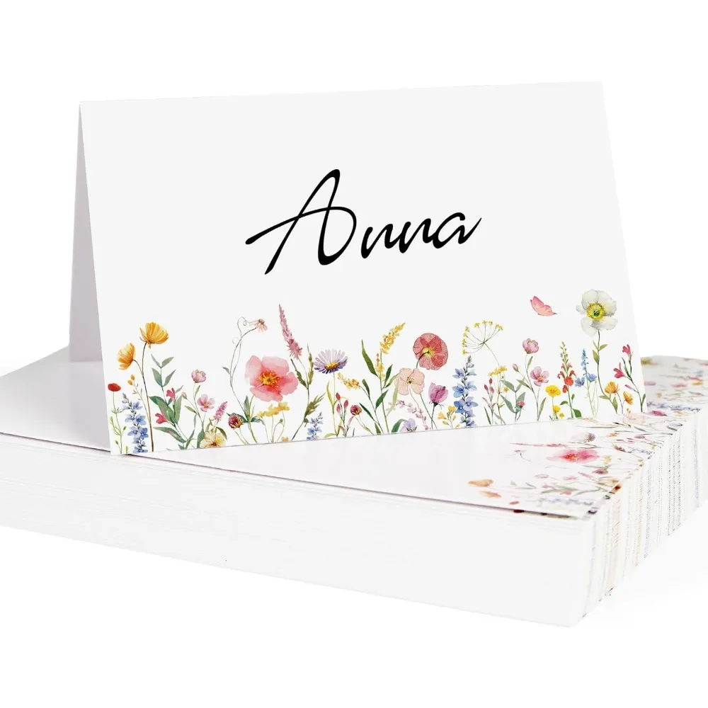 50 قطعة من بطاقات مكان الزهرة البرية لإعداد الطاولة بطاقات خيمة اسم الطاولة الزهرية لحفلات الزفاف والخطوبة وحفلات أعياد الميلاد