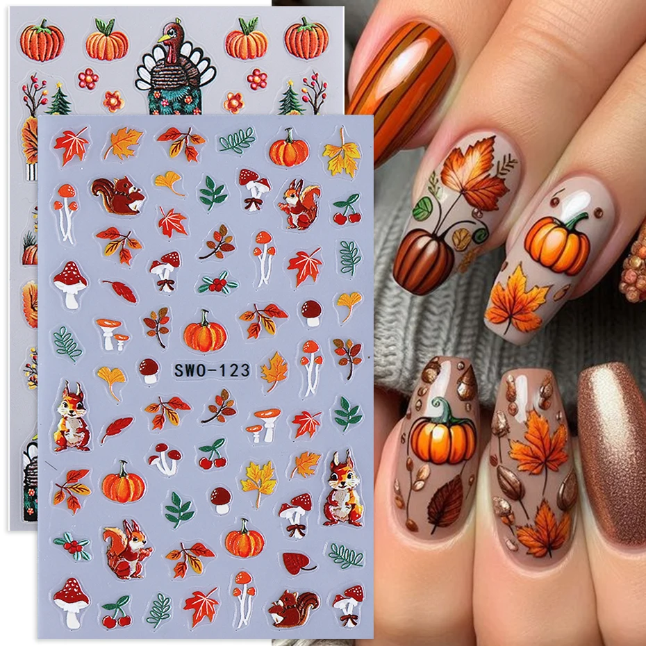 2 stücke Cartoon Herbst Kürbis Nagel Aufkleber 3D Maple Leaf Eichhörnchen Pilz Klebstoff Nagel Aufkleber Sliders DIY Maniküre Dekoration