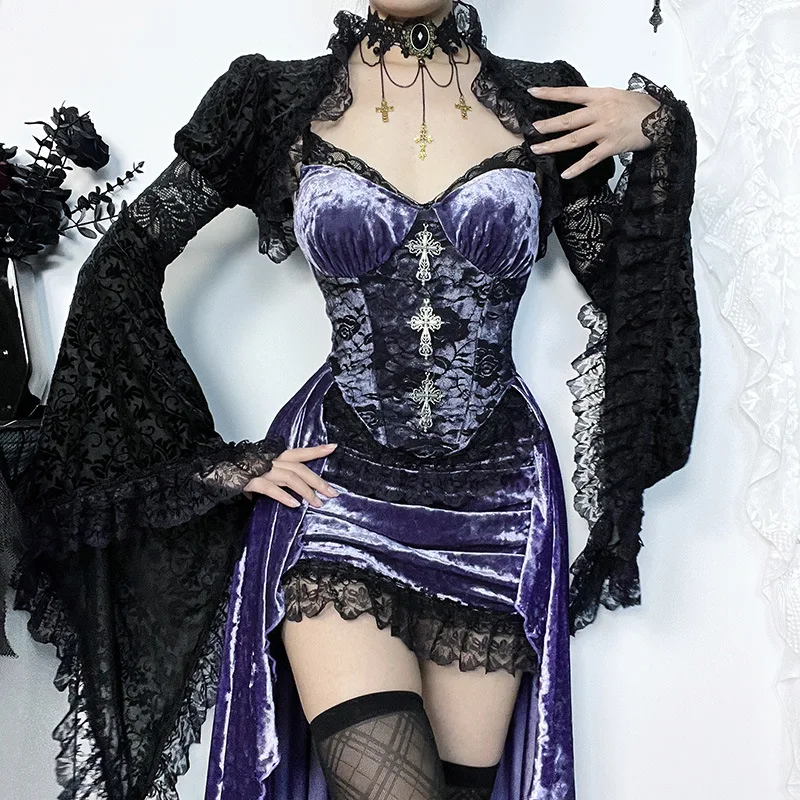 Gothic Purple Sleeveless Corset Dress Women Lace Trim High Low Hem Tail Dress Sexy Party Clubwear Halloween Cosplay Costume view 5