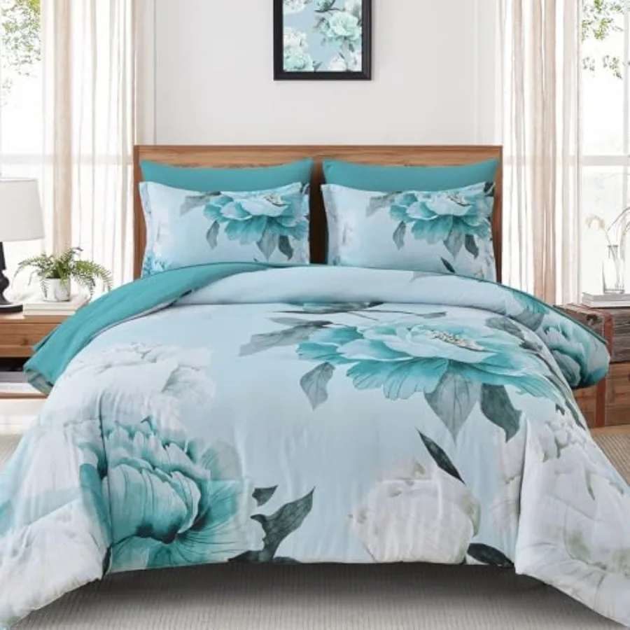 

Floral Comforter Set Size 7 Pcs Bed in a Bag Flowers Printed on Light Comforter Set with Sheets Soft Polyester Botanical Comple
