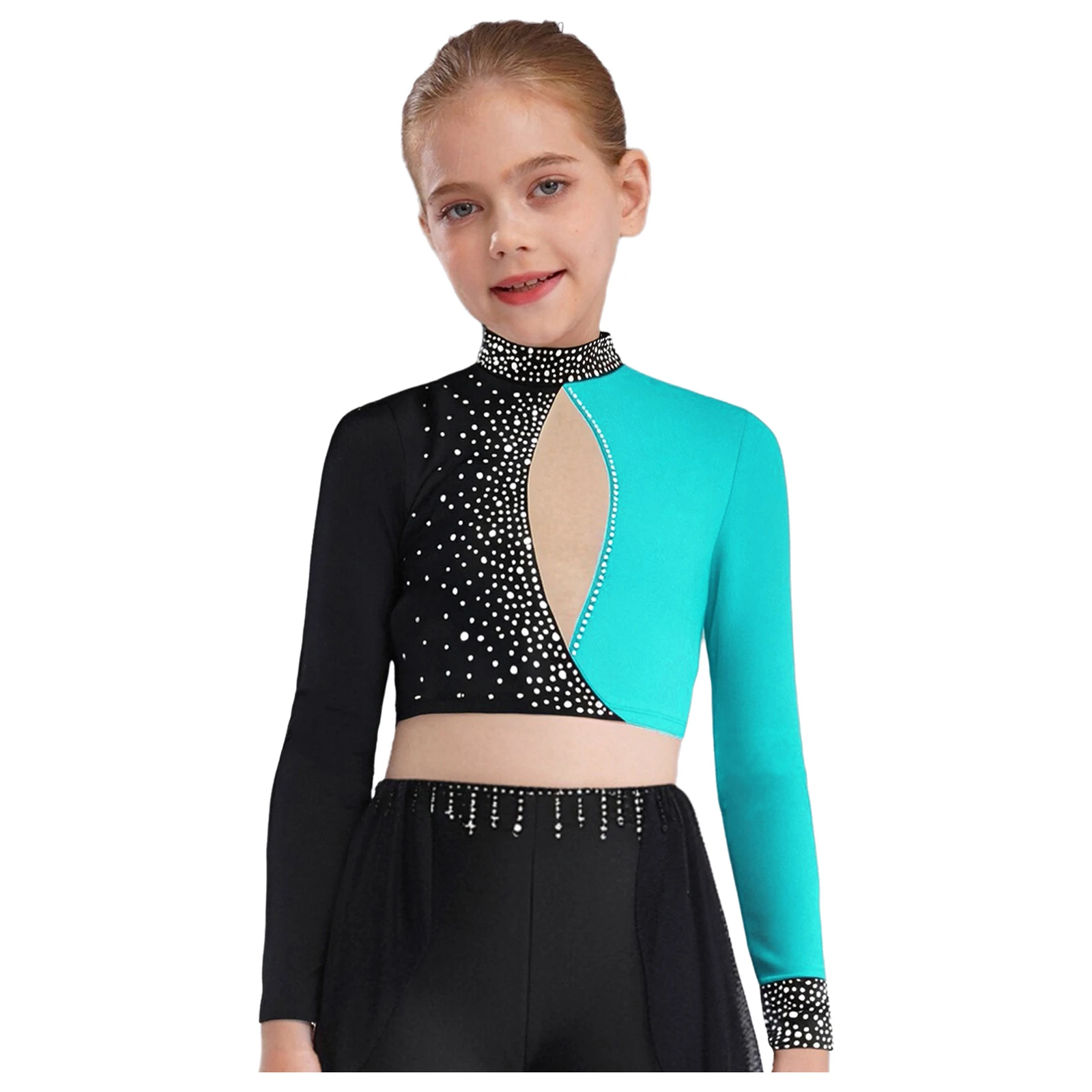 Kids Girls Gymnastics Ballet Dance Top Figure Skating Costume Long Sleeve Keyhole Back Color Block Shiny Rhinestones Crop Top