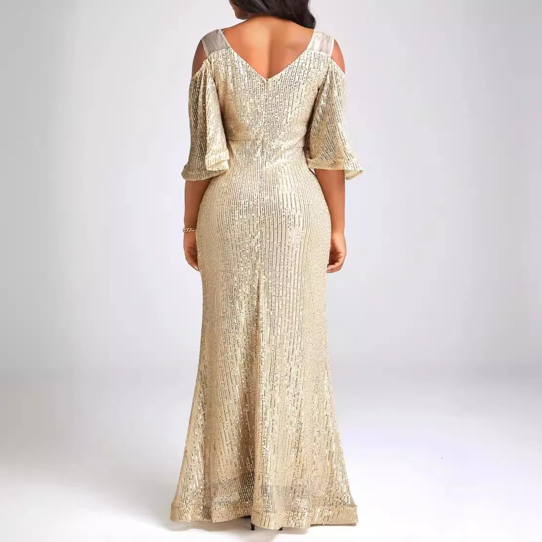 Spring and Autumn Temperament One-shoulder Trumpet Sleeve Gold Sequins Annual Meeting Split Evening Dress Dinner Formal Dress