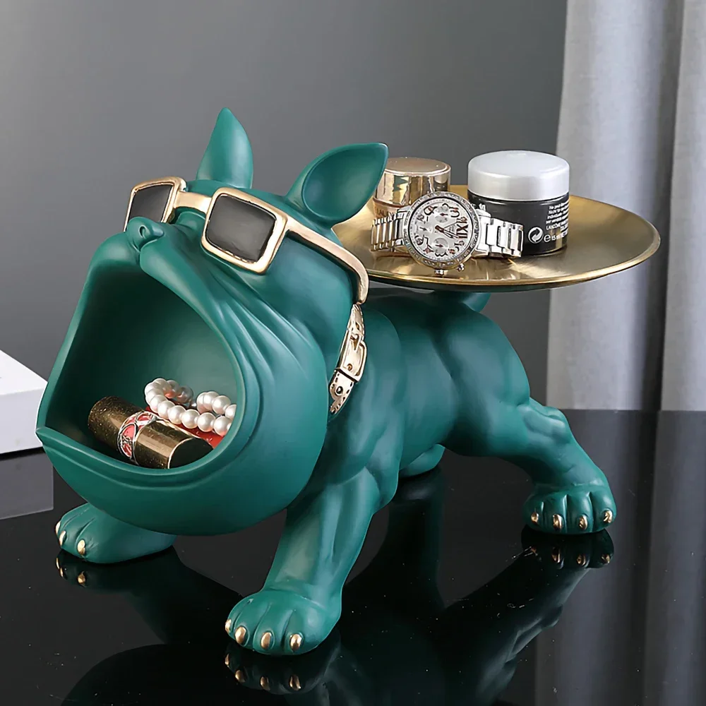 Resina cane statua soggiorno Decor cane scultura tavolo vassoio portaoggetti ornamenti Bulldog francese figurina per la decorazione della scrivania