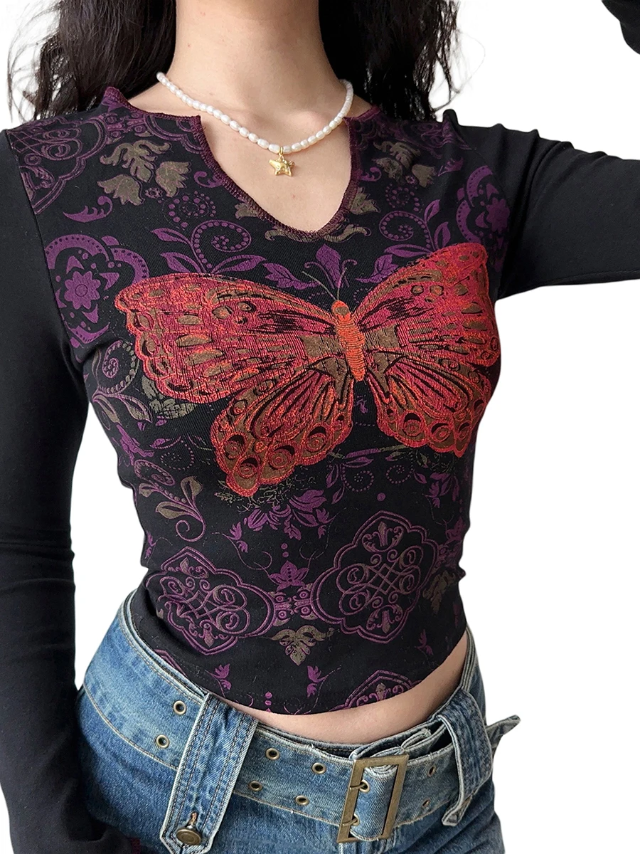 Women's Gothic Notched V Neck Crop Tops Vintage Butterfly Print Long Sleeve Slim Fit T-Shirt Casual Aesthetic Blouse Streetwear